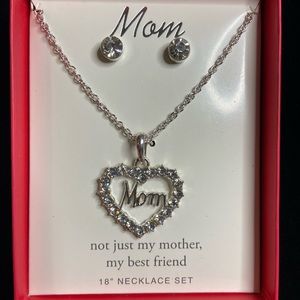 NEW Mom Rhinestone Heart Necklace with Earrings